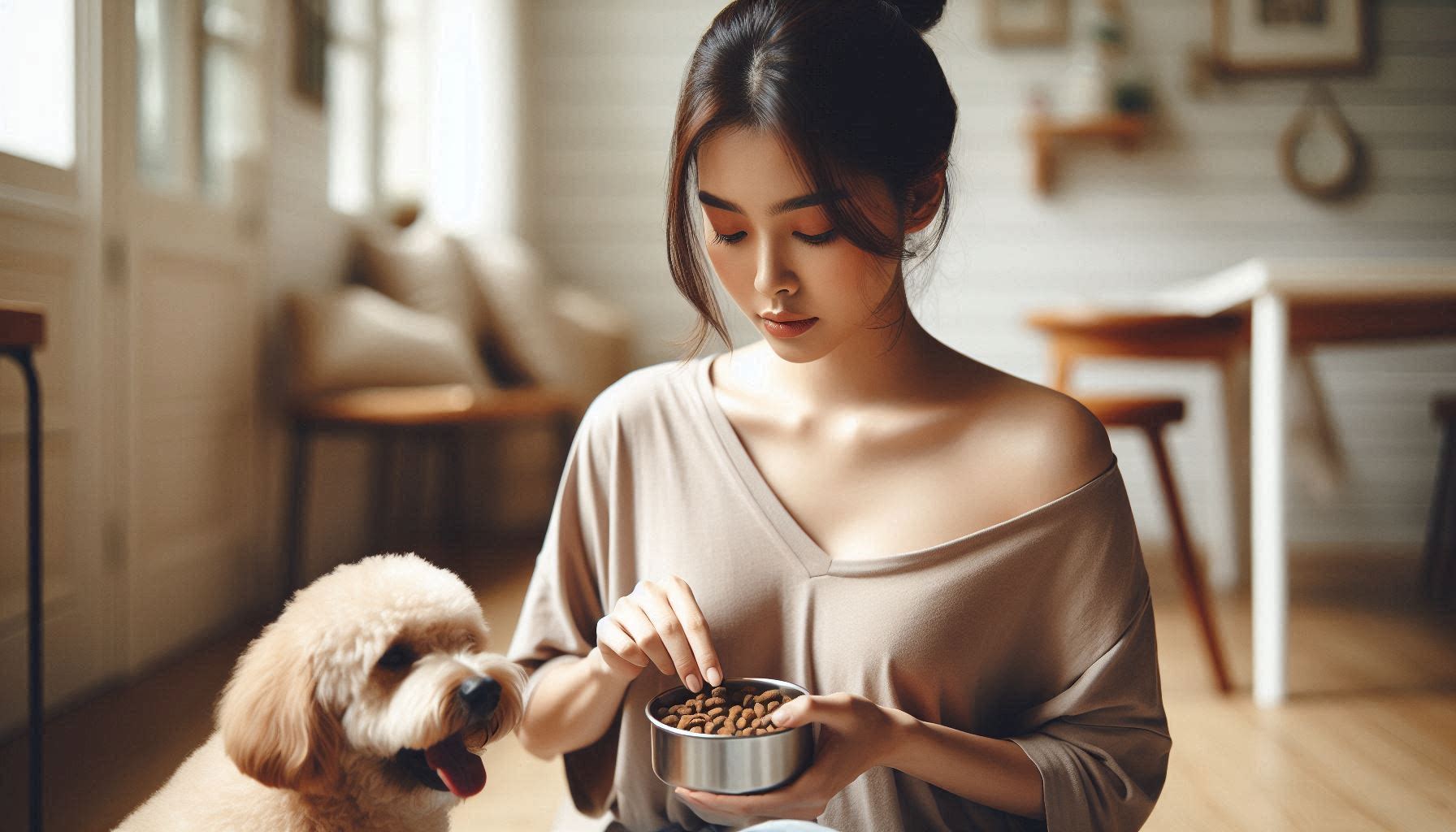 강아지가 알러지가 있어서 사료를 보고 있는 여성의 모습