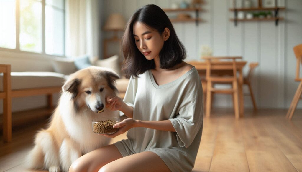 강아지 알러지 사료 선택 방법에 따라 보호자가 사료 성분을 확인하는 모습