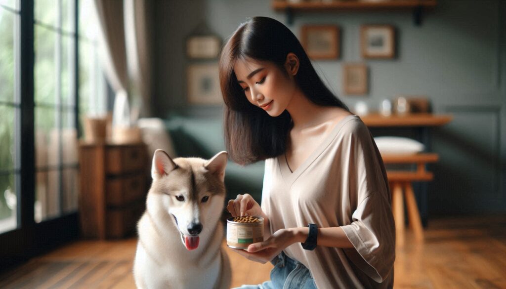 강아지 알러지 사료 선택 방법에 따라 보호자가 사료 성분을 확인하는 모습