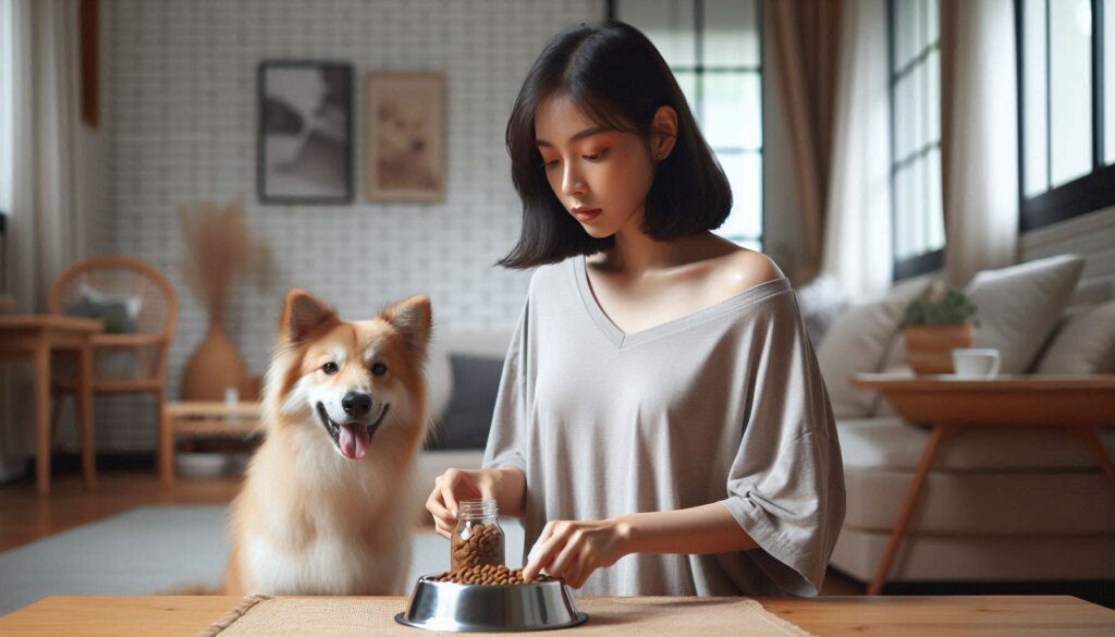 강아지 알러지 사료 선택 방법에 따라 보호자가 사료 성분을 확인하는 모습