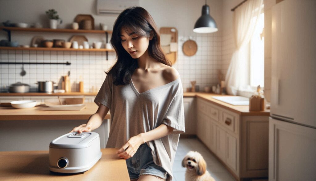 강아지 자동급식기 추천 기준에 따라 보호자가 자동급식기를 설정하는 모습