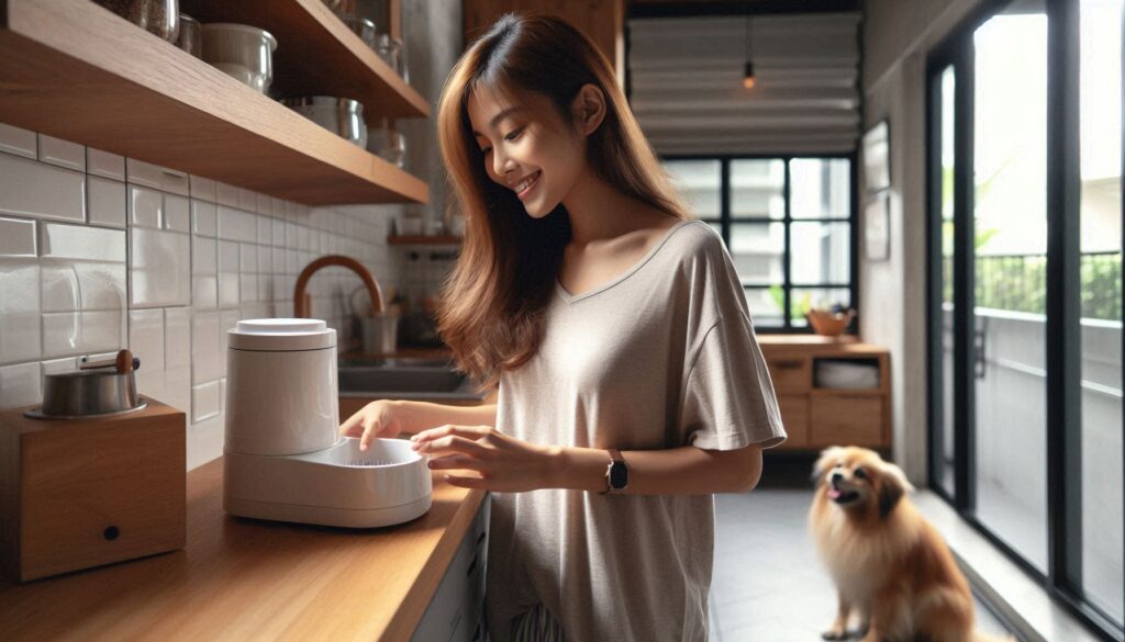 강아지 자동급식기 추천 기준에 따라 보호자가 자동급식기를 설정하는 모습