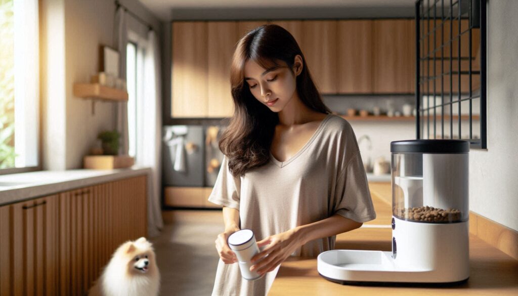 강아지 자동급식기 추천 기준에 따라 보호자가 자동급식기를 설정하는 모습