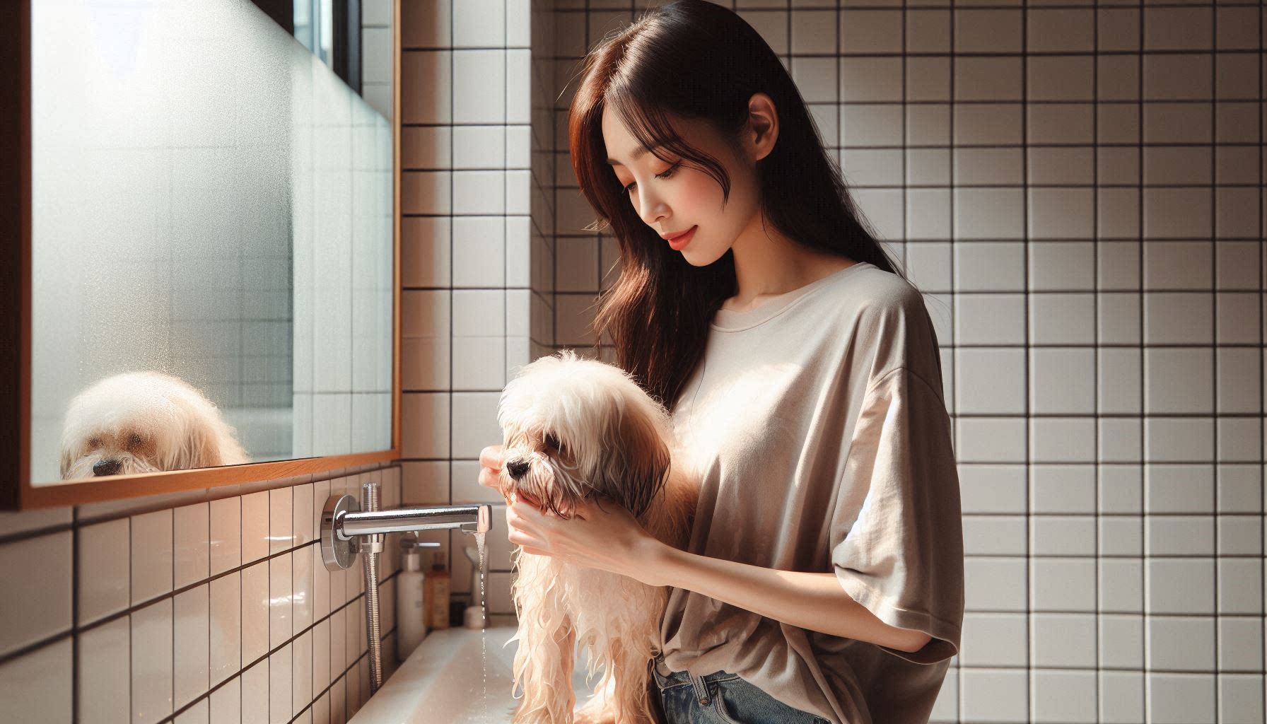 강아지 목욕 주기에 맞춰 목욕을 하는 모습