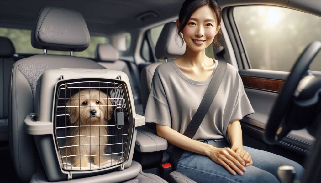 차량 이동 중 이동장에 안전하게 있는 강아지 차 이동 방법 모습