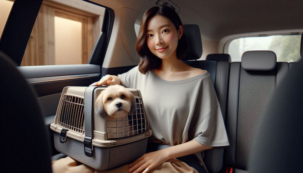 차량 이동 중 이동장에 안전하게 있는 강아지 차 이동 방법 모습