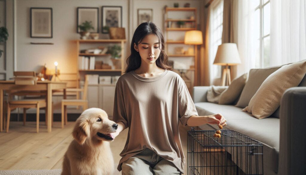 보호자가 강아지 이동장 훈련 방법을 따라 이동장 안에서 간식을 주는 모습