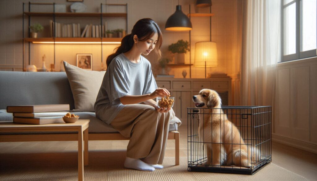 보호자가 강아지 이동장 훈련 방법을 따라 이동장 안에서 간식을 주는 모습