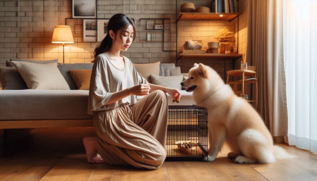 보호자가 강아지 이동장 훈련 방법을 따라 이동장 안에서 간식을 주는 모습