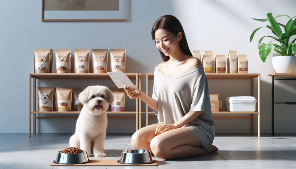 강아지 사료 선택 가이드를 참고하여 다양한 사료를 확인하는 보호자의 모습