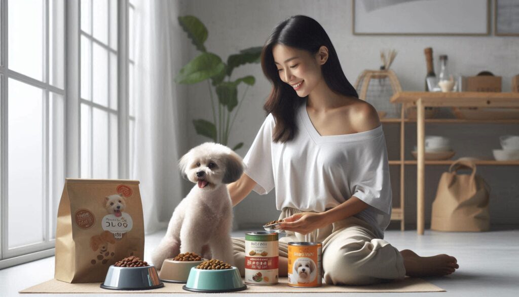 강아지 사료 선택 가이드를 참고하여 다양한 사료를 확인하는 보호자의 모습