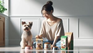 강아지 사료를 확인하며 성분과 급여량을 점검하는 모습