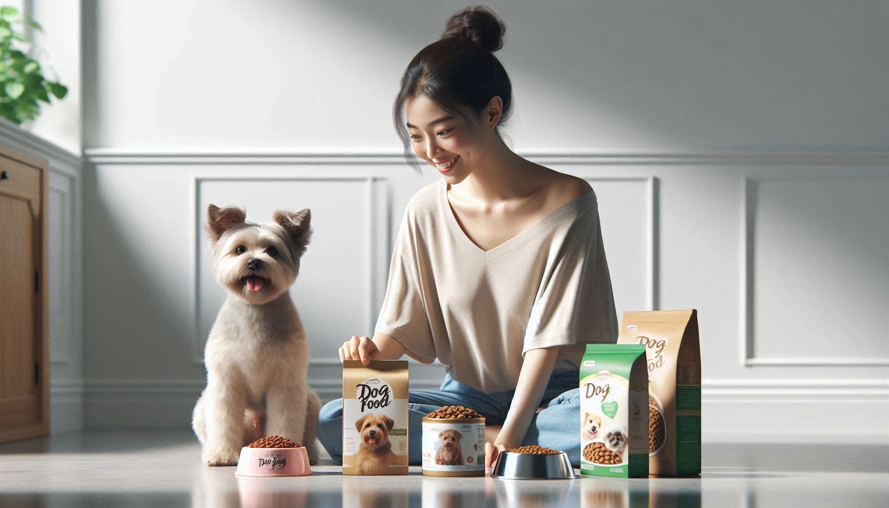 강아지와 사료 선택한 여성 보호자의 모습