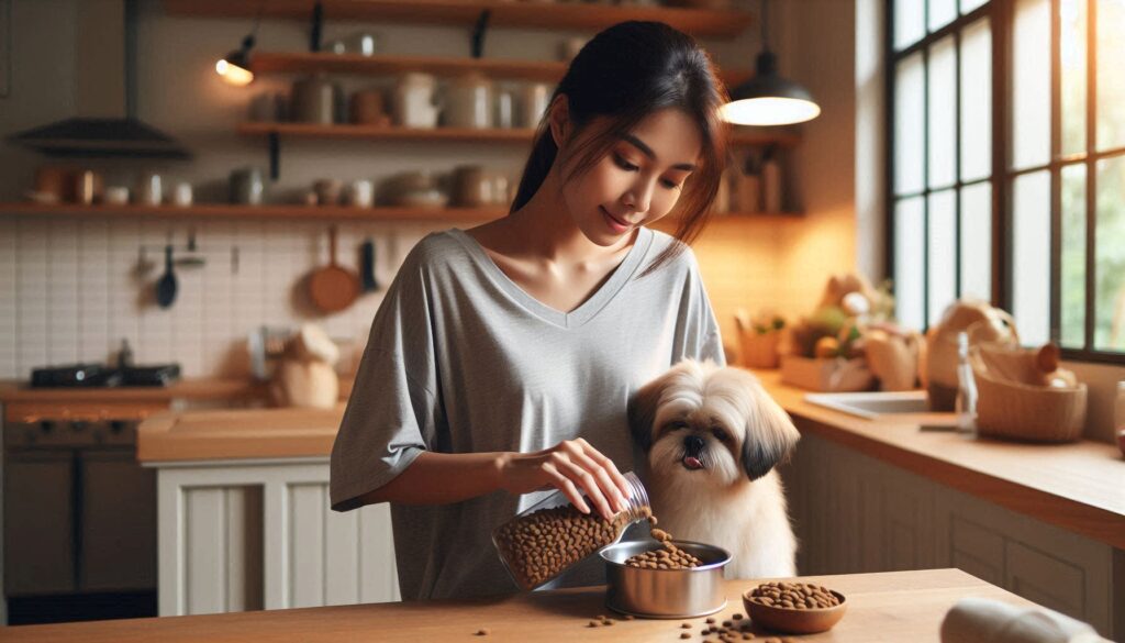 강아지 사료 추천 기준에 따라 보호자가 사료 성분을 확인하는 모습