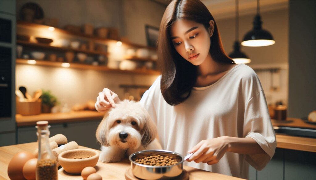 강아지 사료 추천 기준에 따라 보호자가 사료 성분을 확인하는 모습