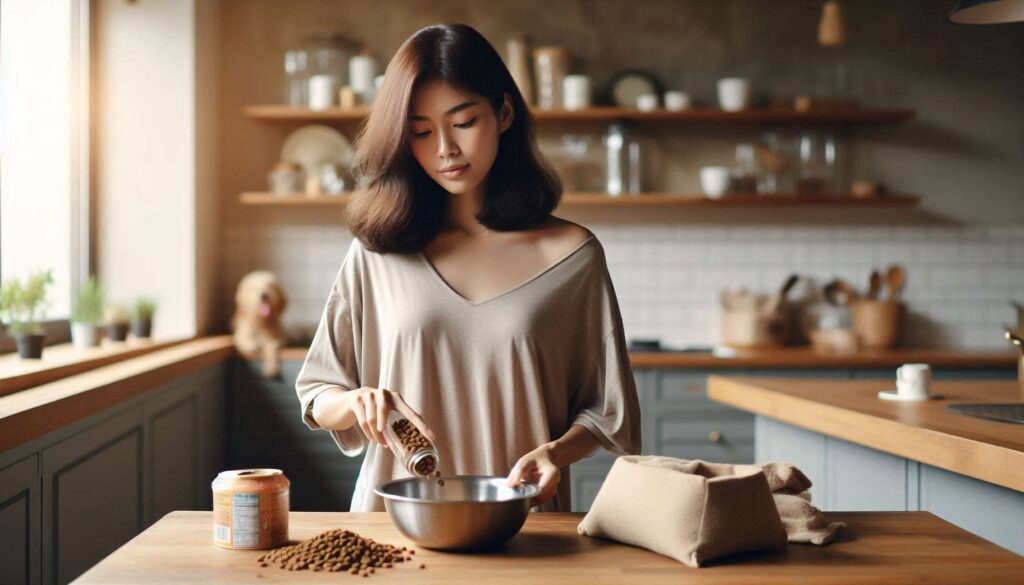 강아지 사료 바꾸는 방법에 따라 보호자가 사료를 섞어 급여하는 모습