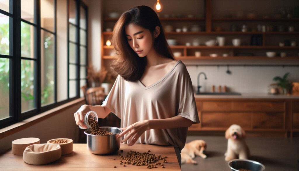 강아지 사료 바꾸는 방법에 따라 보호자가 사료를 섞어 급여하는 모습