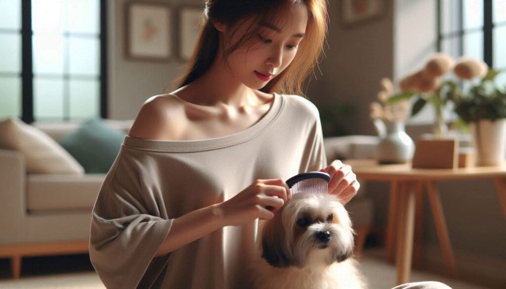 강아지 털관리 방법을 실천하며 빗질하는 보호자의 모습