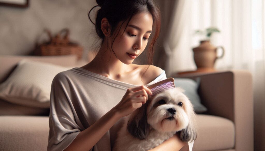 강아지 털관리 방법을 실천하며 빗질하는 보호자의 모습