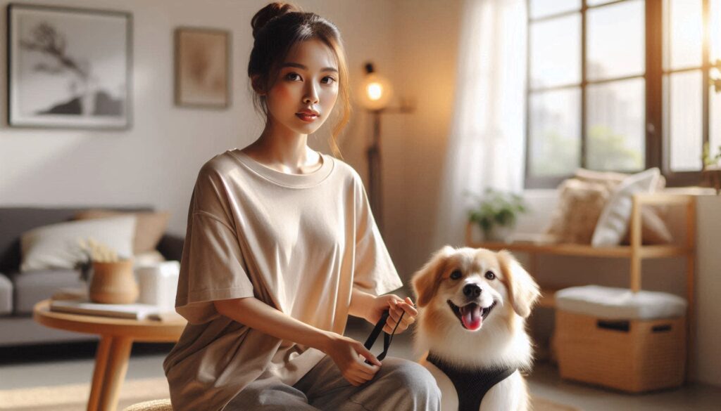 강아지 하네스 추천 기준에 따라 보호자가 하네스를 착용시키는 모습