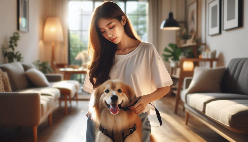 강아지 하네스 추천 기준에 따라 보호자가 하네스를 착용시키는 모습