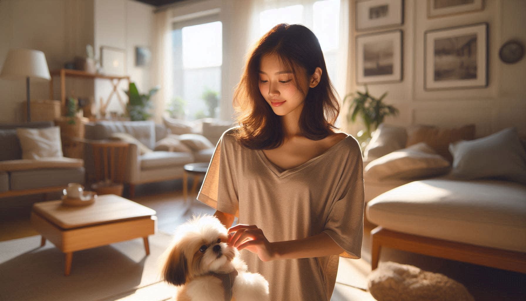 강아지 하네스 착용 방법에 따라 올바르게 착용하는 모습