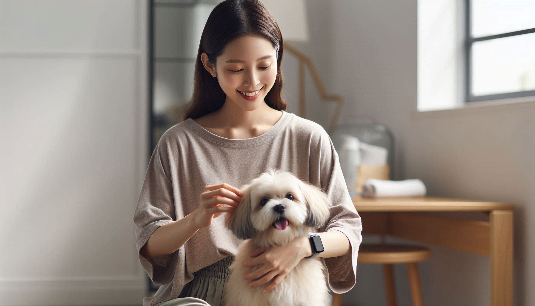 강아지 건강을 체크하며 좋아하는 여성의 모습