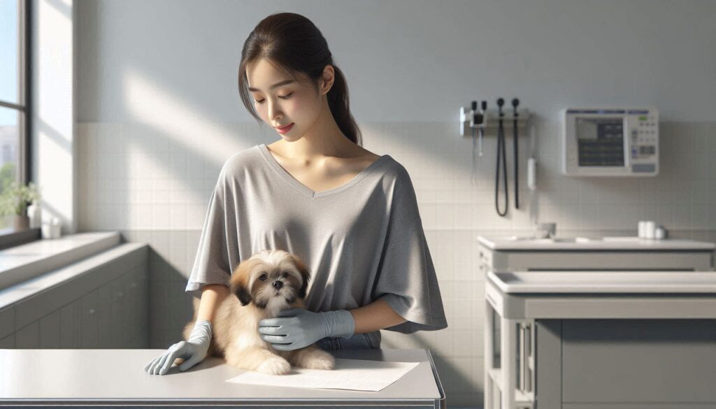 강아지 심장사상충 예방 방법 비용 상담을 위해 동물병원에서 보호자와 강아지가 함께 있는 모습