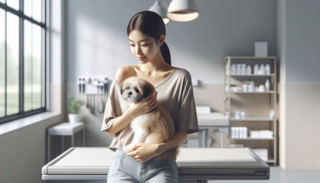 강아지 심장사상충 예방 방법 비용 상담을 위해 동물병원에서 보호자와 강아지가 함께 있는 모습