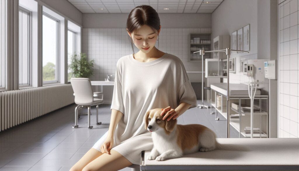 강아지 심장사상충 예방 방법 비용 상담을 위해 동물병원에서 보호자와 강아지가 함께 있는 모습