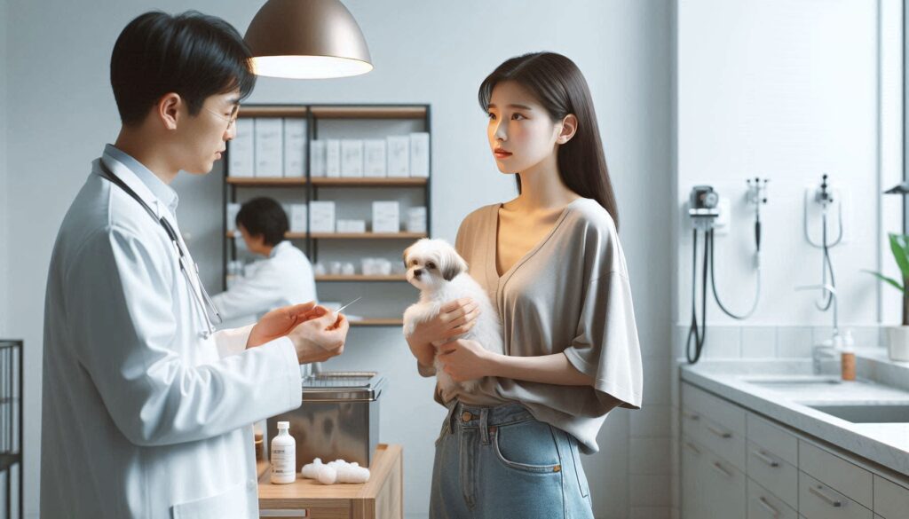 강아지 중성화 수술 상담을 받는 보호자와 강아지 모습