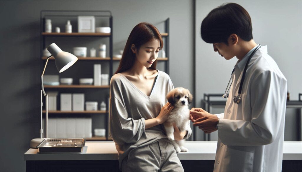 강아지 중성화 수술 상담을 받는 보호자와 강아지 모습