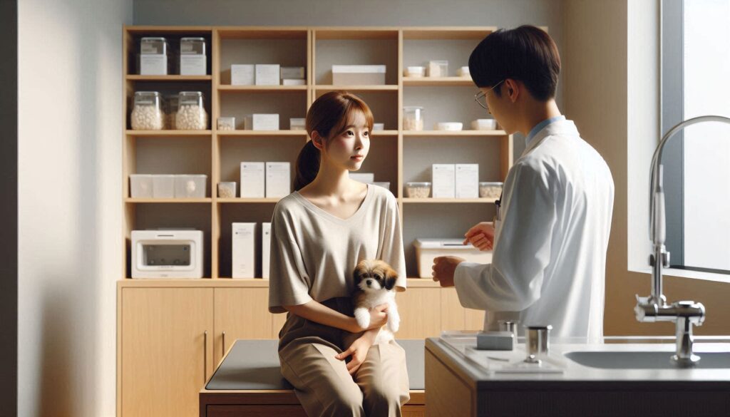 강아지 중성화 수술 상담을 받는 보호자와 강아지 모습