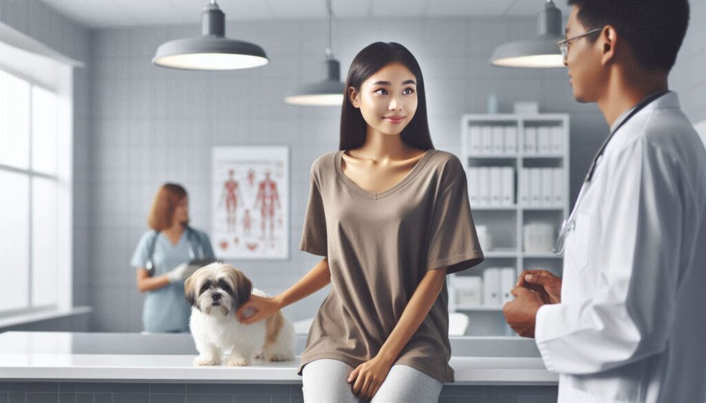 강아지 슬개골 탈구 증상을 확인하며 상담하는 보호자의 모습