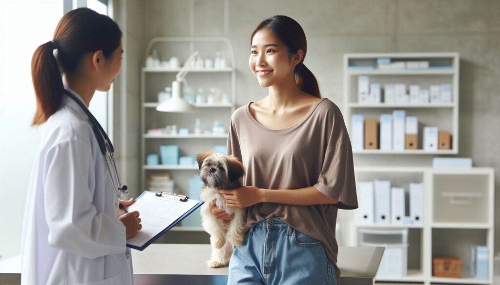 강아지 슬개골 탈구 증상을 확인하며 상담하는 보호자의 모습
