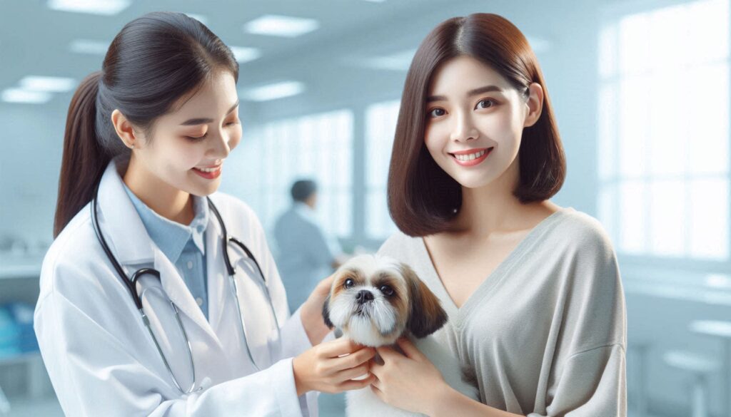 강아지 피부병 종류를 확인하며 상담하는 보호자의 모습
