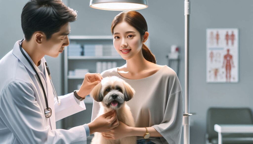 강아지 피부병 종류를 확인하며 상담하는 보호자의 모습