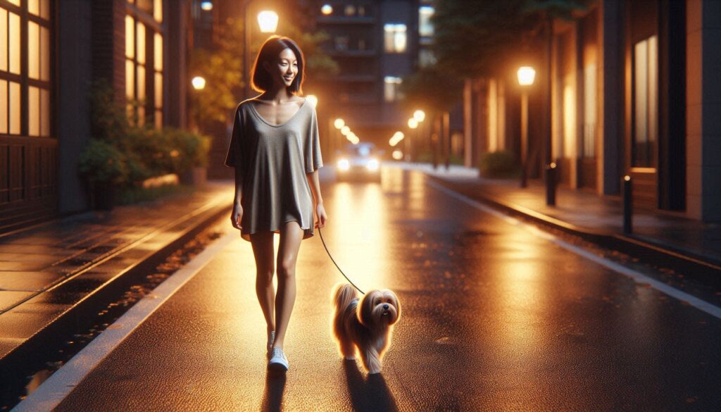 강아지 여름 산책 시간에 맞춰 저녁에 산책하는 반려견 모습