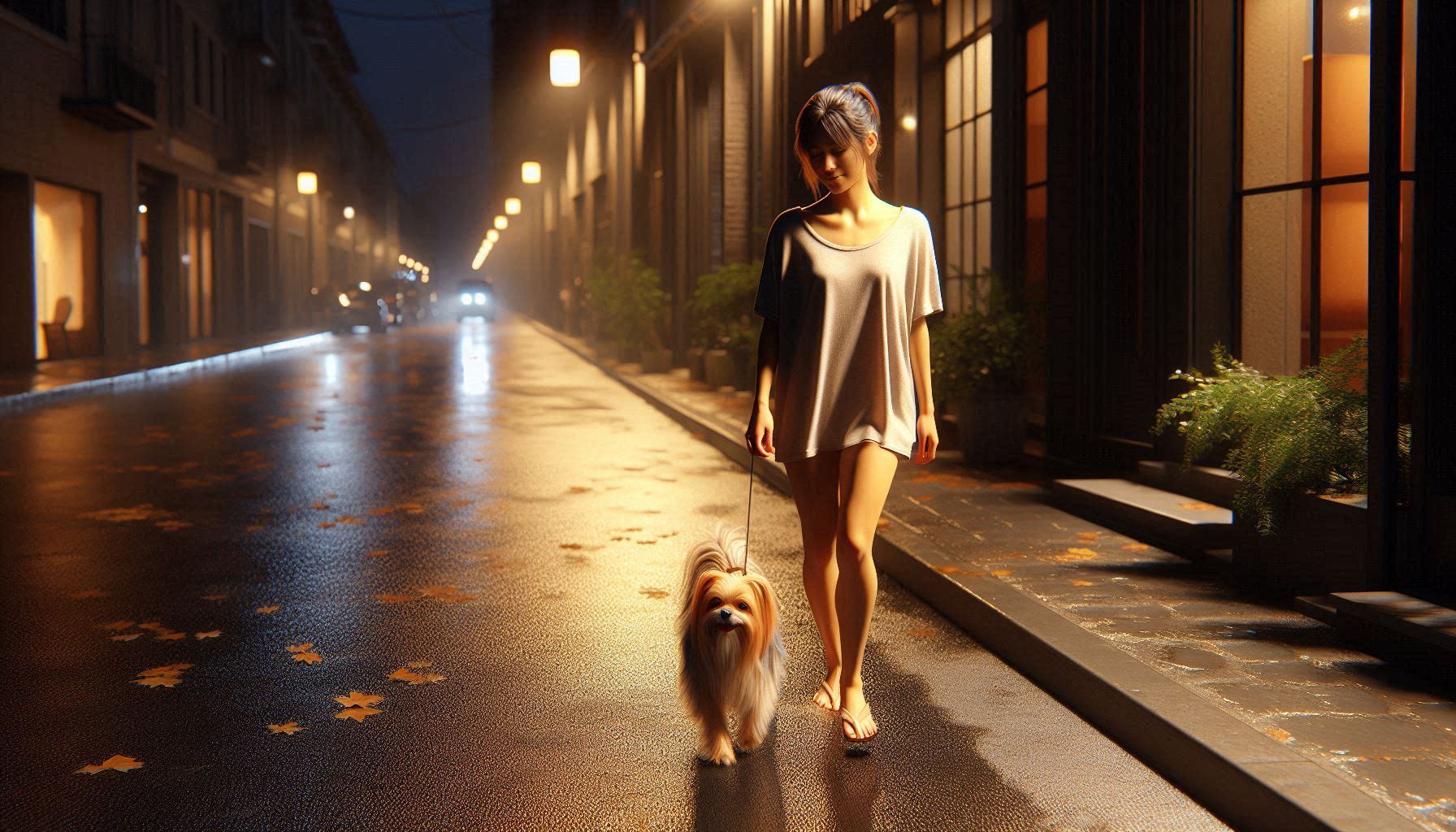 강아지를 여름에 여성 보호자가 산책시키는 모습