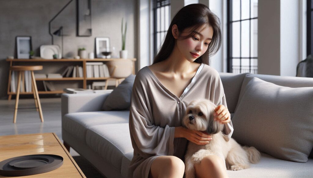 강아지 영양제 필요할까 고민하며 반려견에게 영양제를 주는 보호자의 모습