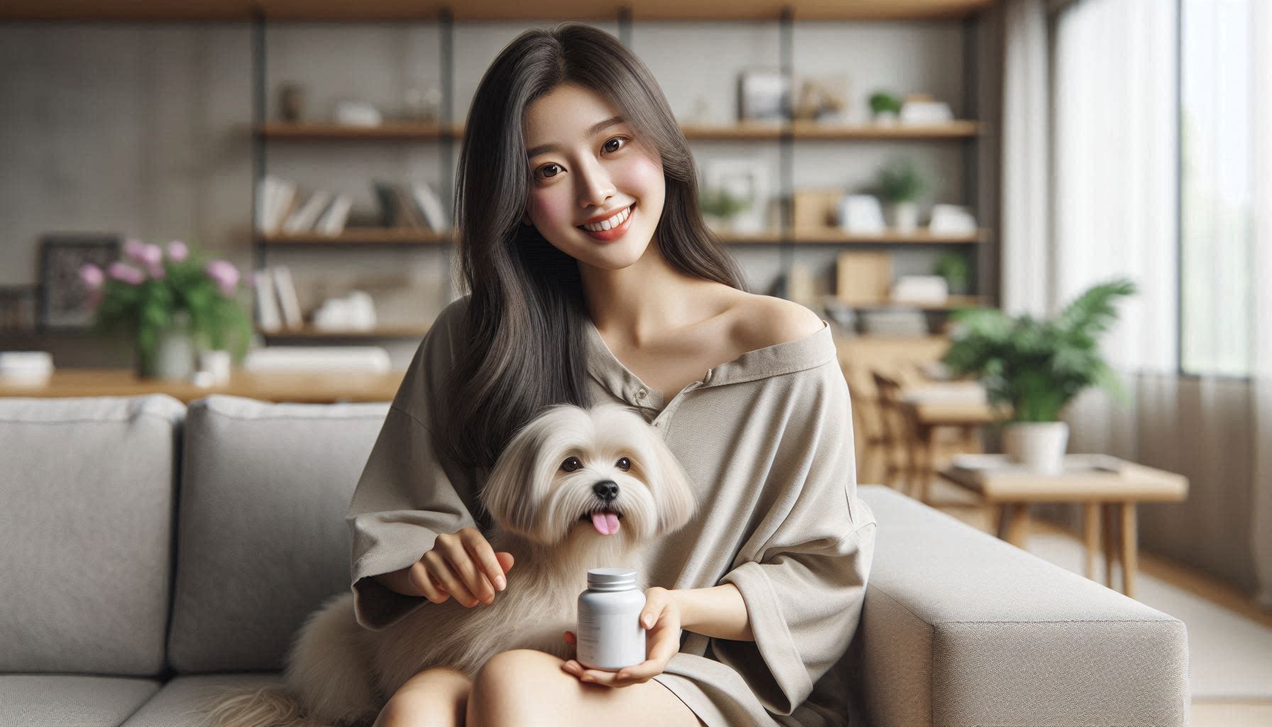 강아지와 영양제를 들고 환하게 웃고있는 여성의 모습