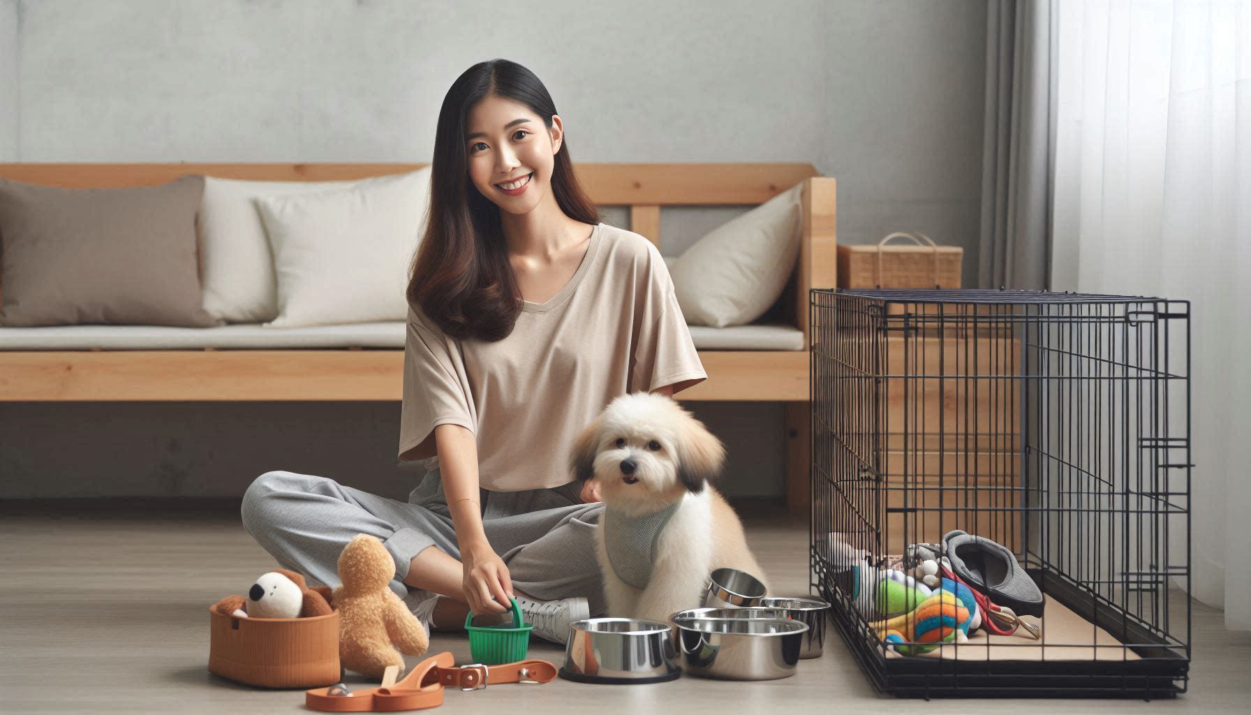 강아지 용품을 비교하며 필요한 제품을 선택하는 모습