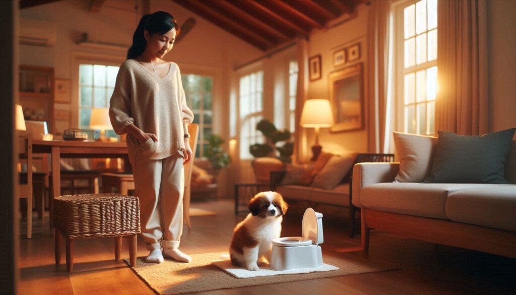 강아지 배변훈련 방법 상황에서 배변 패드 위에서 훈련 중인 모습