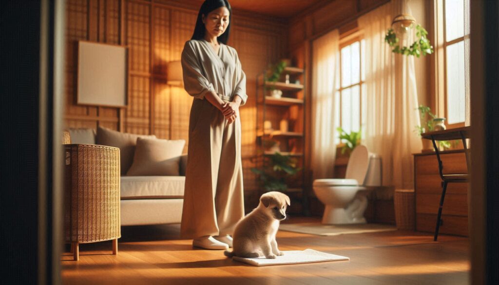 강아지 배변훈련 방법 상황에서 배변 패드 위에서 훈련 중인 모습