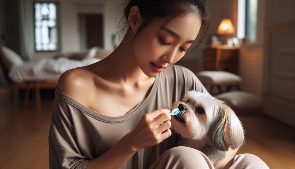 강아지 양치 방법을 따라 반려견의 이를 닦는 보호자의 모습