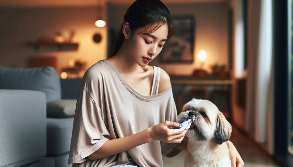 강아지 양치 방법을 따라 반려견의 이를 닦는 보호자의 모습