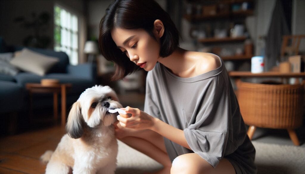 강아지 양치 방법을 따라 반려견의 이를 닦는 보호자의 모습