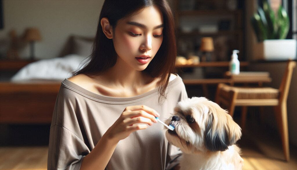 강아지 양치 방법을 따라 반려견의 이를 닦는 보호자의 모습