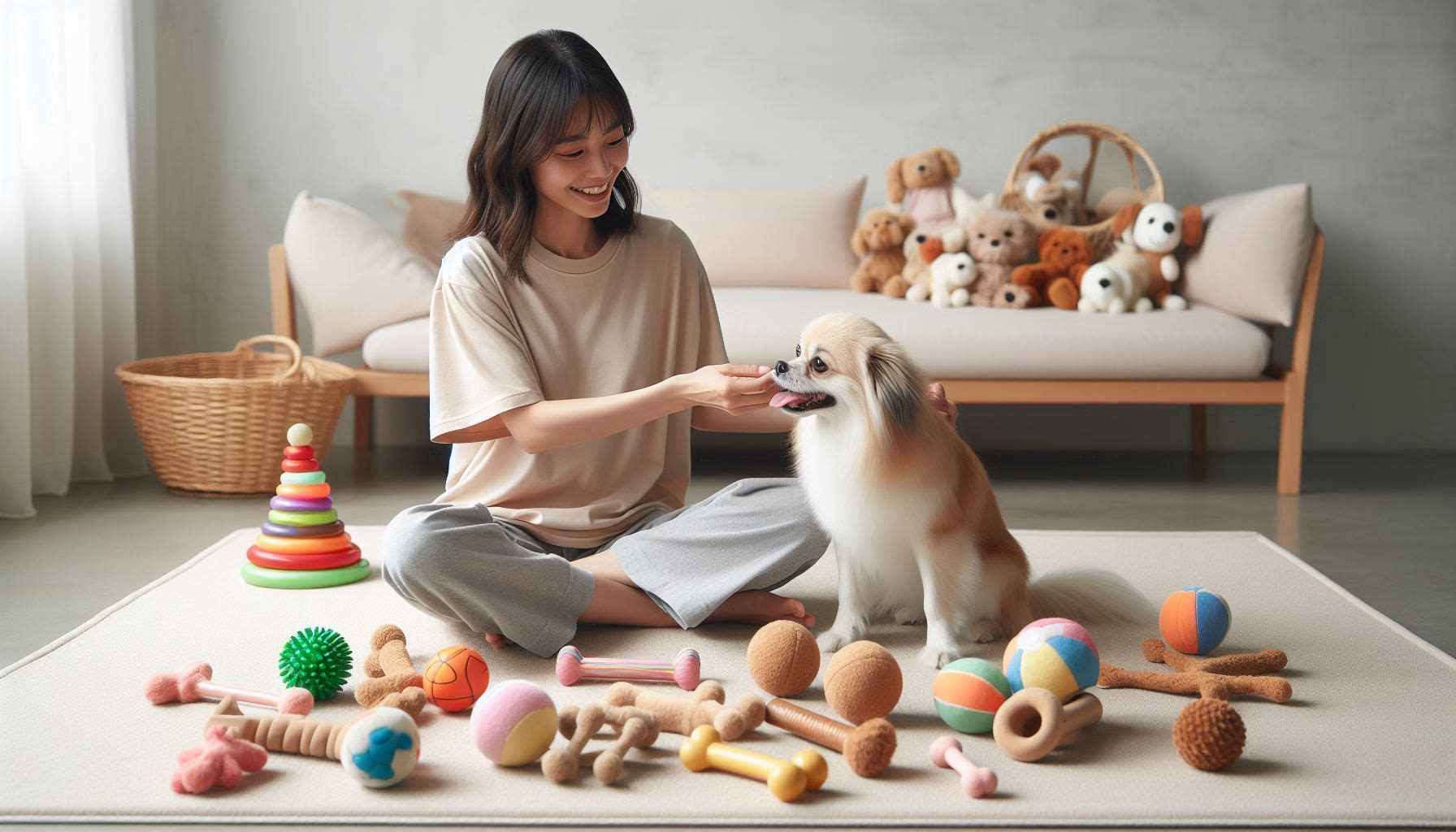 강아지에게 장난감을 추천하며 좋아하는 여성의 모습