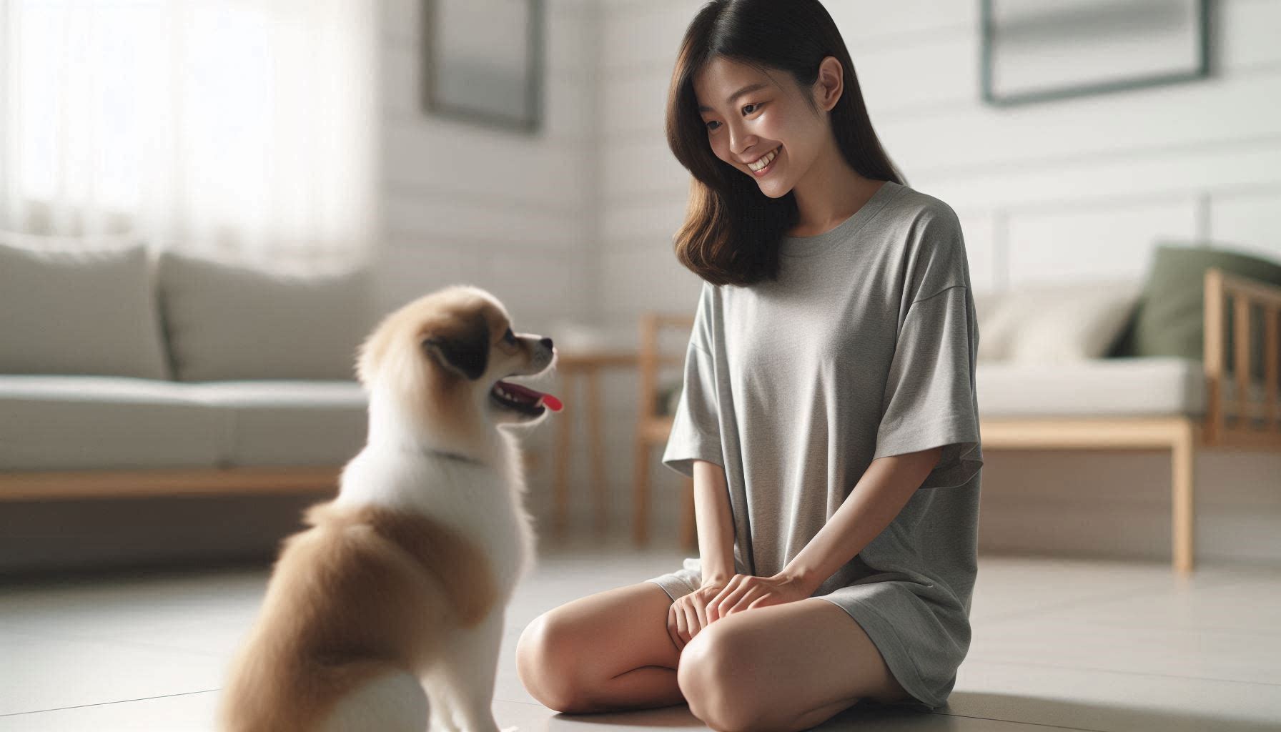 강아지 훈련 방법에 따라 간식 보상을 활용해 기본 교육을 진행하는 모습